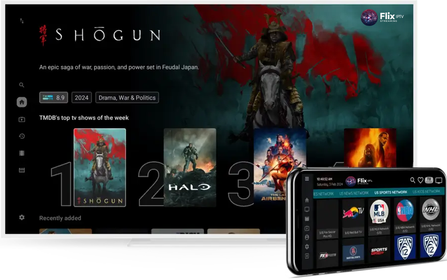 Flix IPTV app interface on smart TV and mobile showing live sports channels and streaming shows