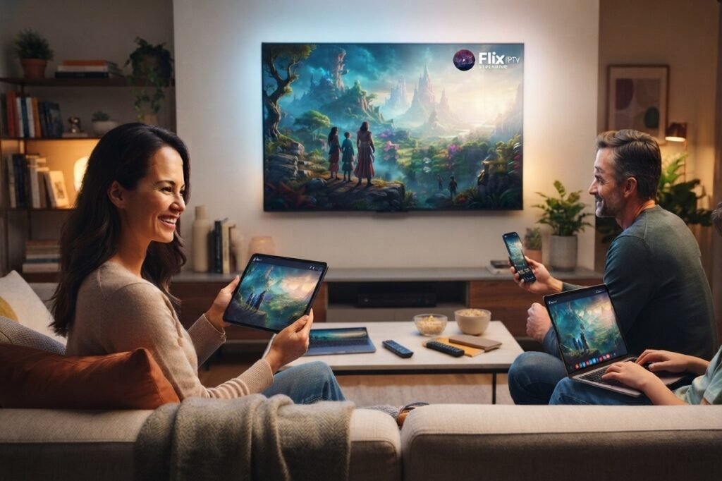 Family enjoying Flix IPTV streaming on Smart TV, tablet, and laptop in living room